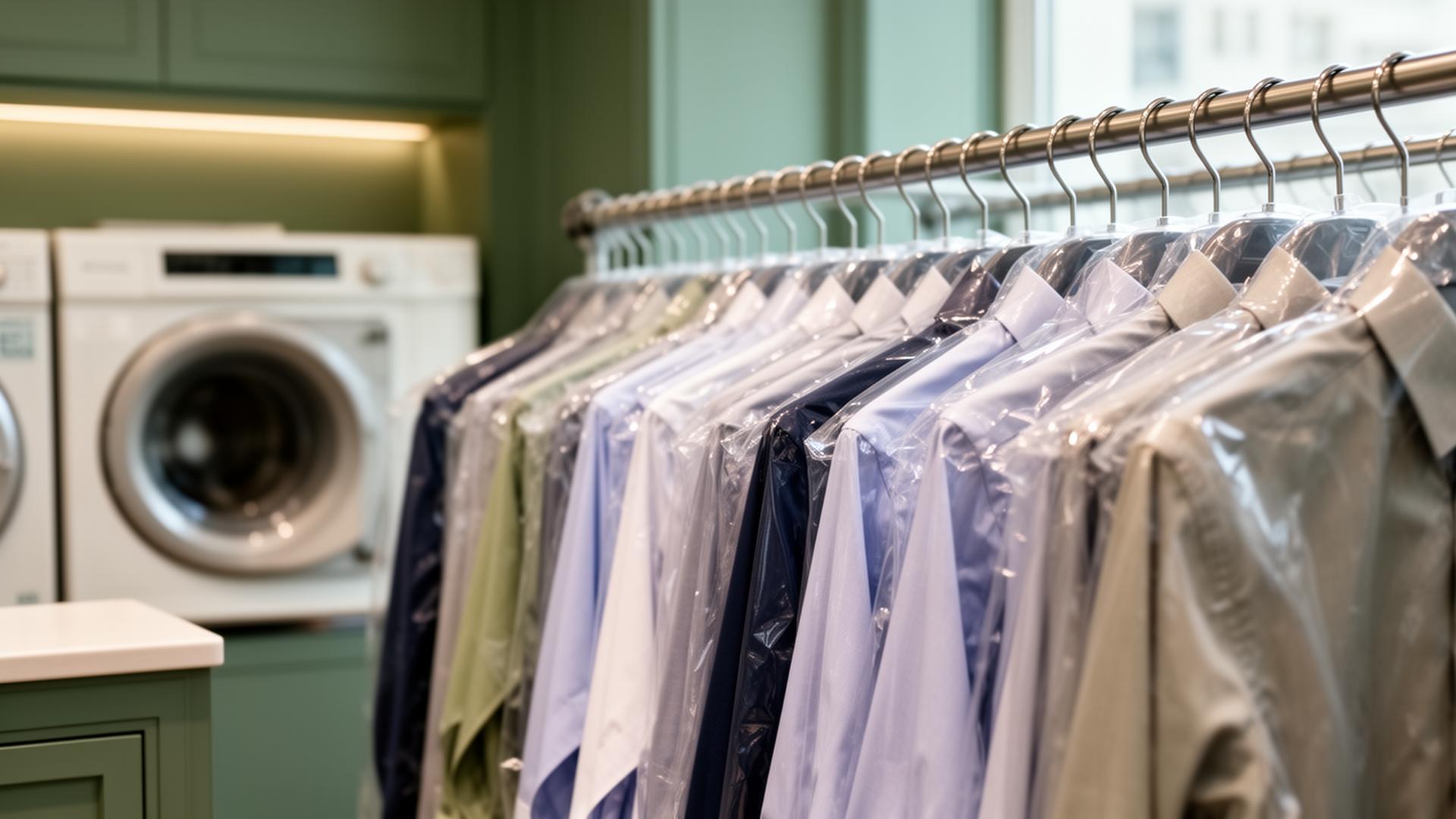 Freshly pressed shirts on hangers in our cleaning shop